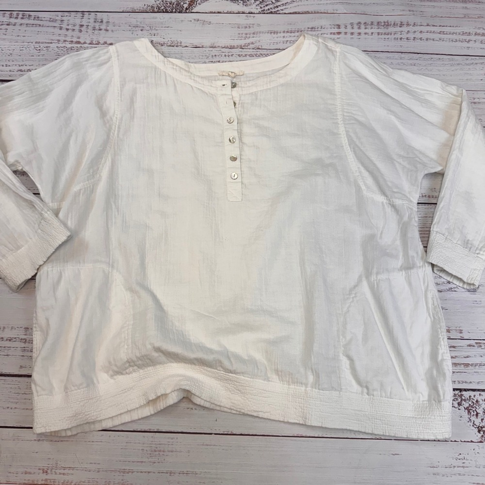 Eileen Fisher XL Organic Cotton Long Sleeve Button Up Top White with Pockets